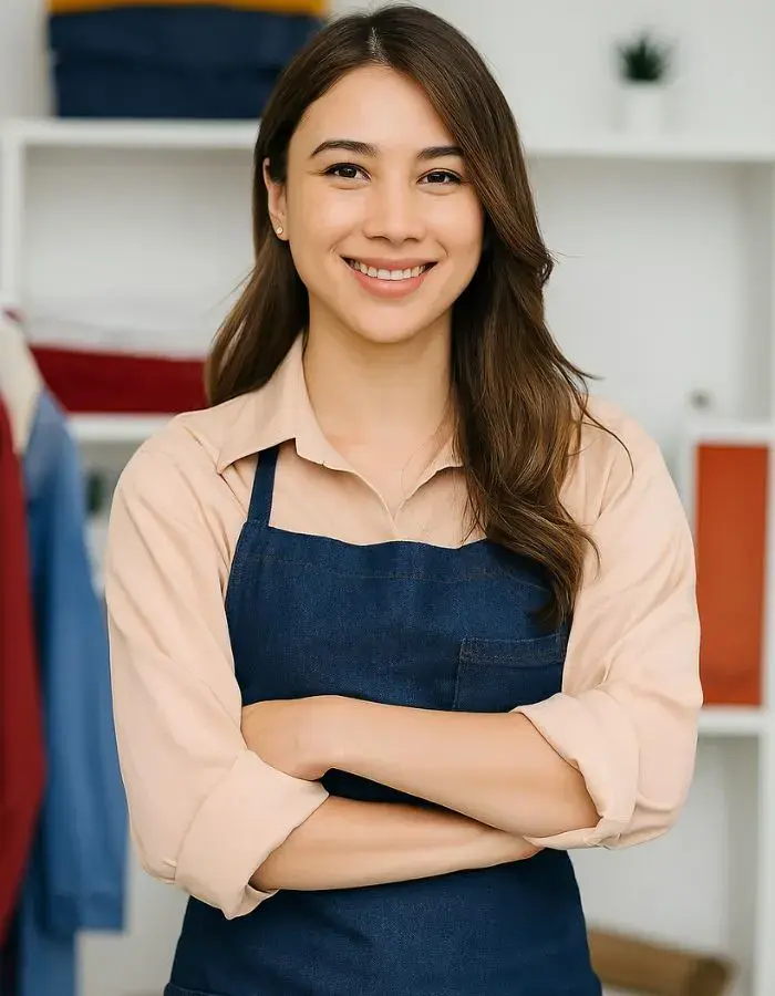 Retrato vertical de Camila Restrepo, directora de diseño textil en Faja Export Colombia