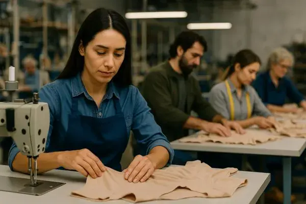 Trabajadores confeccionando fajas en un taller moderno y organizado