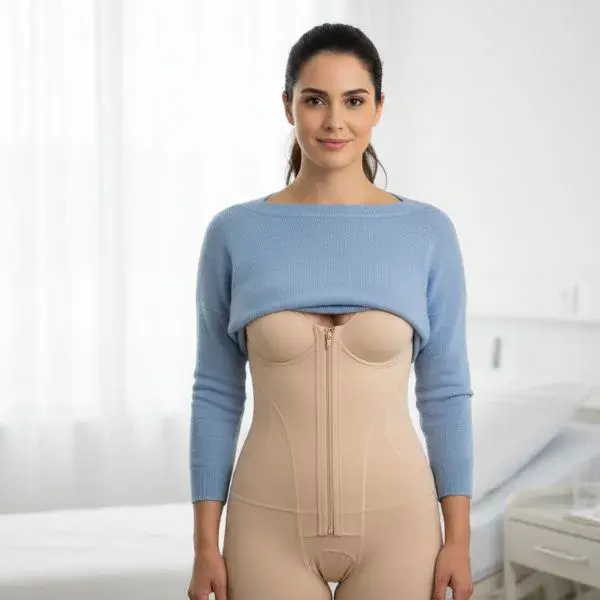 Mujer usando faja postquirúrgica colombiana con cierre frontal, ideal para recuperación tras cirugías estéticas y reconstructivas