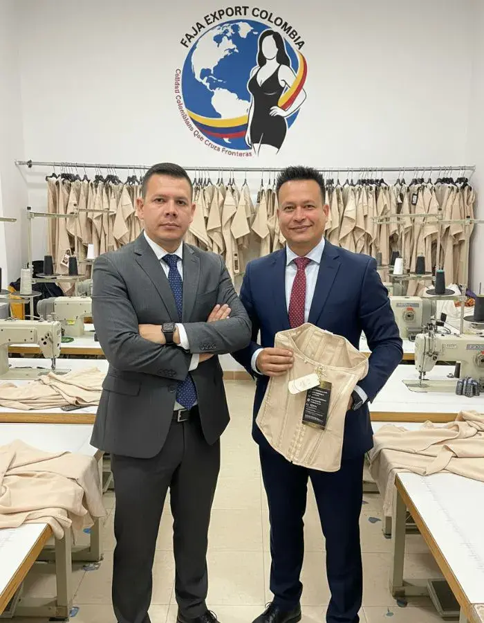 Fotografía profesional del equipo directivo de Faja Export Colombia compuesto por Juan Carlos Prisco, Elkin Ríos y dos integrantes del área textil.