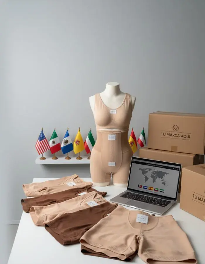 Fajas moldeadoras colombianas premium extendidas sobre un mostrador con cajas de exportación, laptop y banderas internacionales, representando ventas al por mayor.